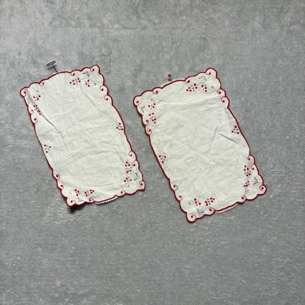 Vintage Set of 2 Hand Embroidered Handkerchiefs Red & Gray Berry Design